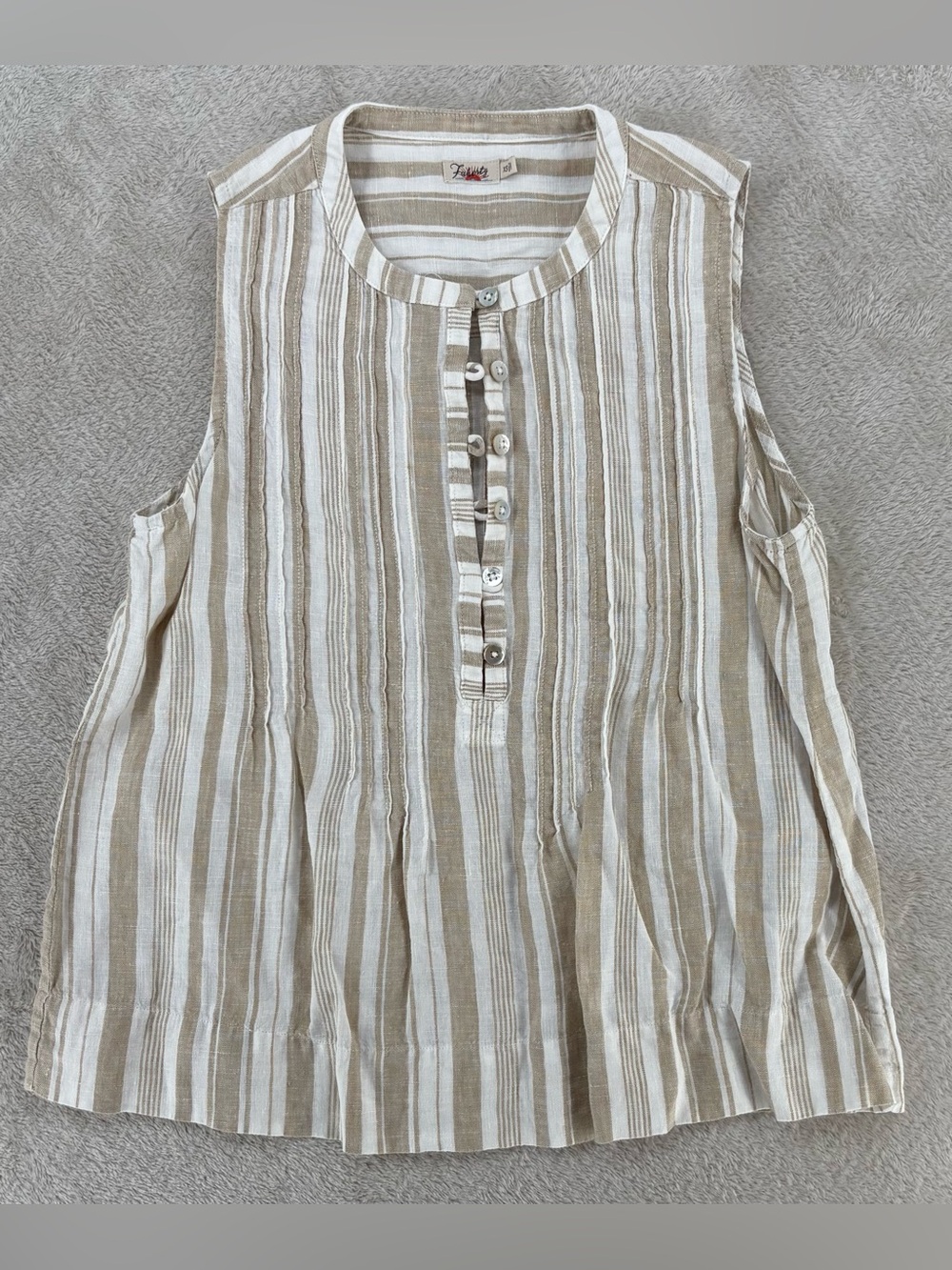 Faherty Linen Blend Sleeveless Top Women’s XS Beige Stripe Button Front Summer